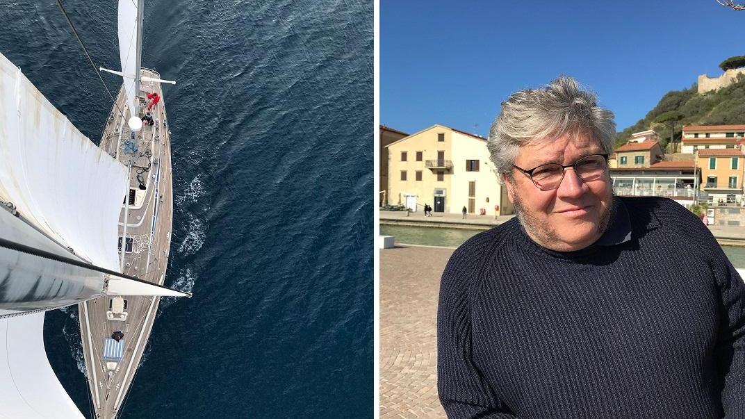 Una vertiginosa immagine dall'alto di Kanenas e, a destra, l'armatore Guido Del Gizzo