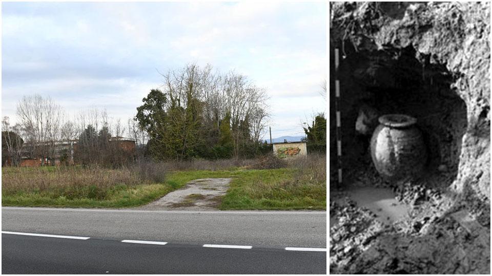 Una veduta dell’area di via Squaglia in cui si prevede di costruire, un’immagine dello scavo che nell’82 portò alla luce la necropoli
