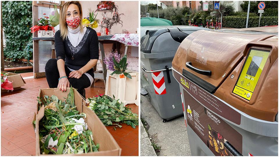 Milena Corsini mostra parte degli scarti che ogni giorno deve gettare e uno dei cassonetti per l’organico con il bocchettone ideato per i rifiuti domestici