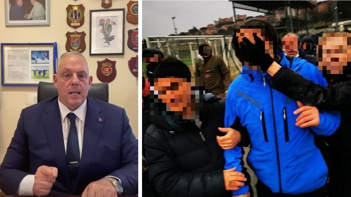 Il sindaco nel suo video di condanna e, a destra, l'aggressore del ragazzo portato via dallo stadio