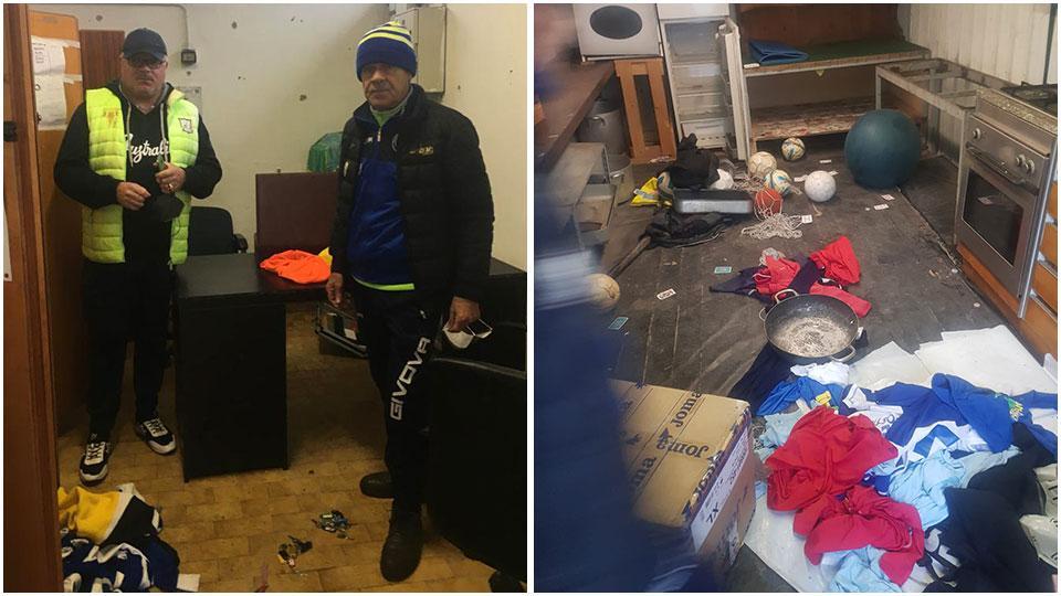 Mariani e Mugnaini all’interno dei locali della squadra e la devastazione lasciata dal passaggio dei vandali