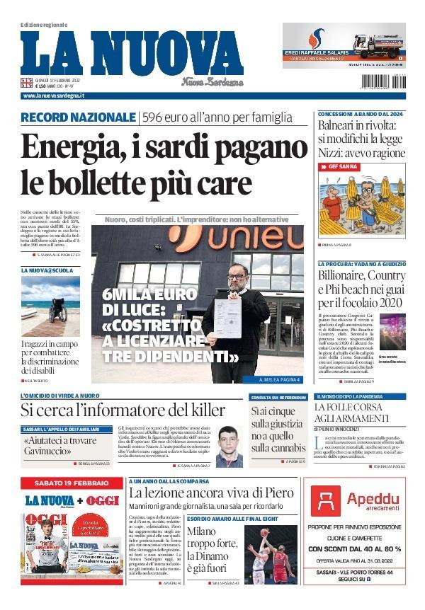 La Nuova Sardegna - Prima Pagina - 17 febbraio 2022