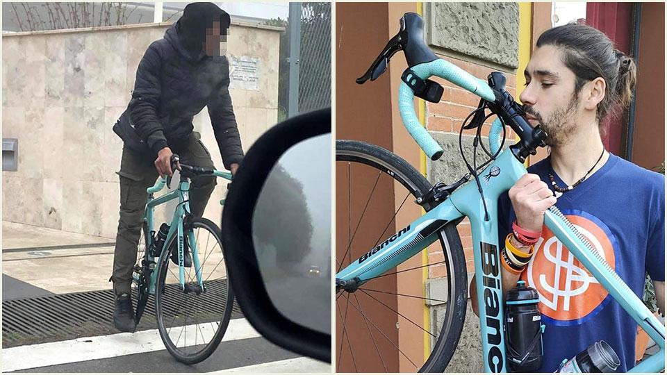 La foto della bici con un giovane in sella e finalmente John può baciare la sua Bianchina