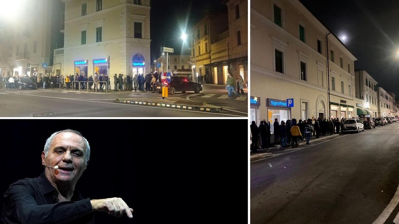 La fila interminabile deli spettatori per lo spettacolo di Giorgio Panariello (nella foto di Franco Silvi), che aggira l'isolato da via Tripoli a via Oberdan