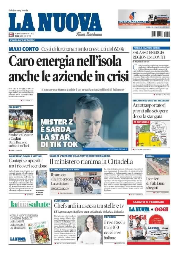 La Nuova Sardegna - Prima Pagina - 18 febbraio 2022