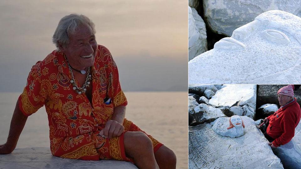 Evaristo Lazzoni nella sua adorata Scogliera dell’Amore, davanti alla Colonia Torino, dove passava le giornate scolpendo messaggi e figure artistiche, ispirate anche alla mitologia
volto di Polifemo, personaggio mitico dell’Odissea, Evaristo Lazzoni a fianco di una delle sue opere d’arte