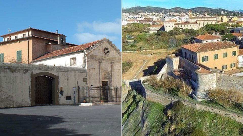 Sopra l’ingresso di Villa Vittoria da piazza della Cittadella e a destra una veduta dello storico edificio con ai piedi un tratto di Mura Leonardesche