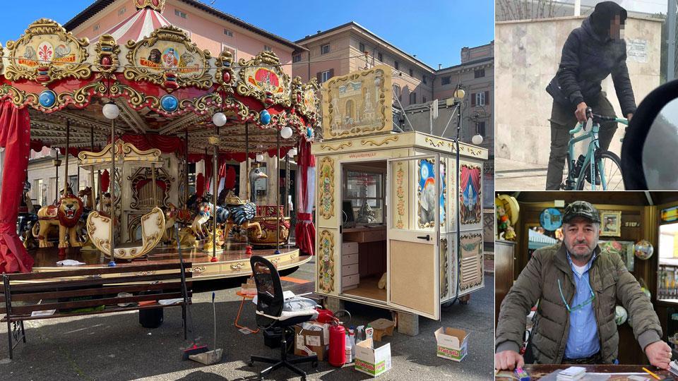 Casottino dove è stato rubato l’incasso della giostra; il giovane ripreso sulla bici rubata a John Biagini, in basso Alberto De Luca nel suo Luna Park