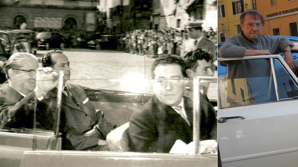 Qui sopra il presidente della Repubblica Giovanni Gronchi a bordo della Fiat 1400 cabriolet con al volante il larigiano Cesare Caroti, che accompagnò il presidente della Repubblica
da Casciana Terme alla Mostra del mobilio di Ponsacco e a destra “l’autista” per un giorno, oggi novantaquattrenne, ai piedi del Castello dei Vicari