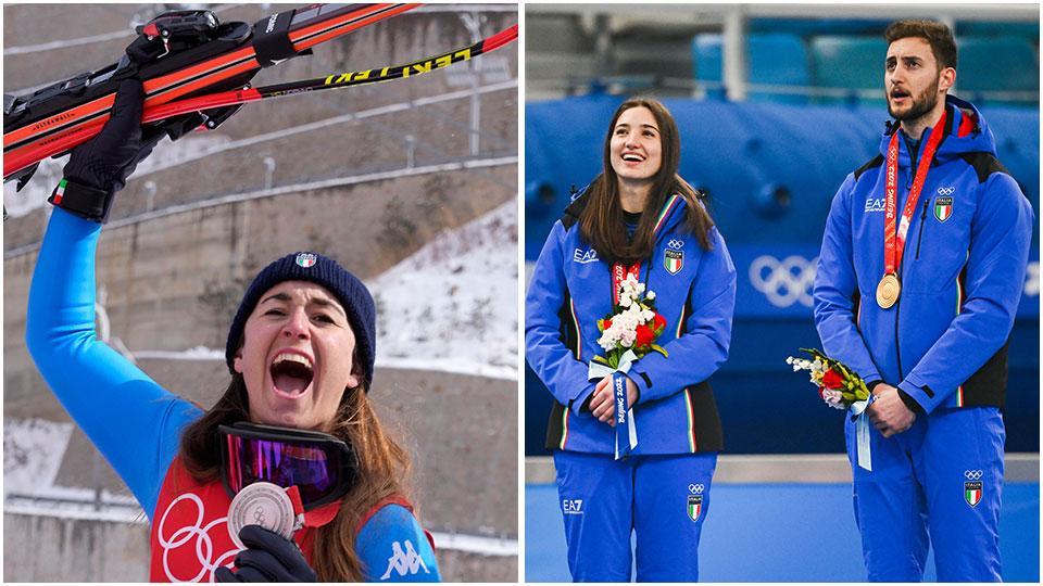 Sofia Goggia dopo l’impresa e Stefania Constantini e Amos Mosaner