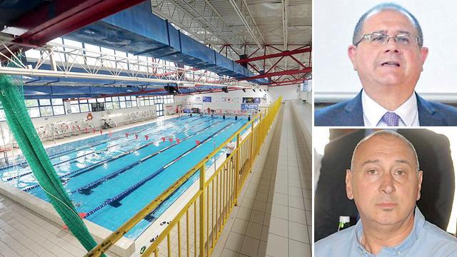 Nella foto grande la piscina comunale di Piombino, in via Lerario, in gestione all'Olimpic Nuoto; a destra, dall'alto, Massimo Giuliani e Luigi Coppola