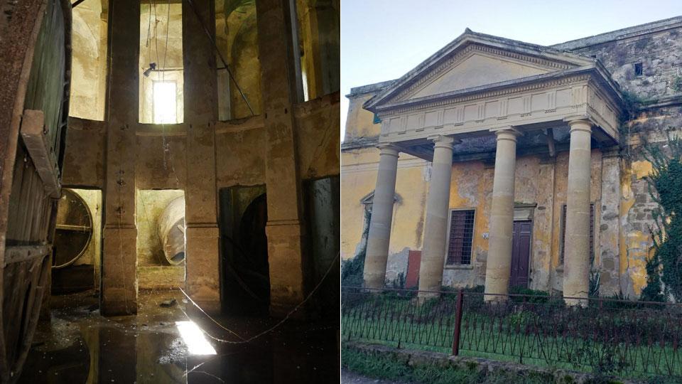 In alto la parte interna dei Bagnetti della Puzzolente e accanto l’ingresso con il tetto in parte crollato