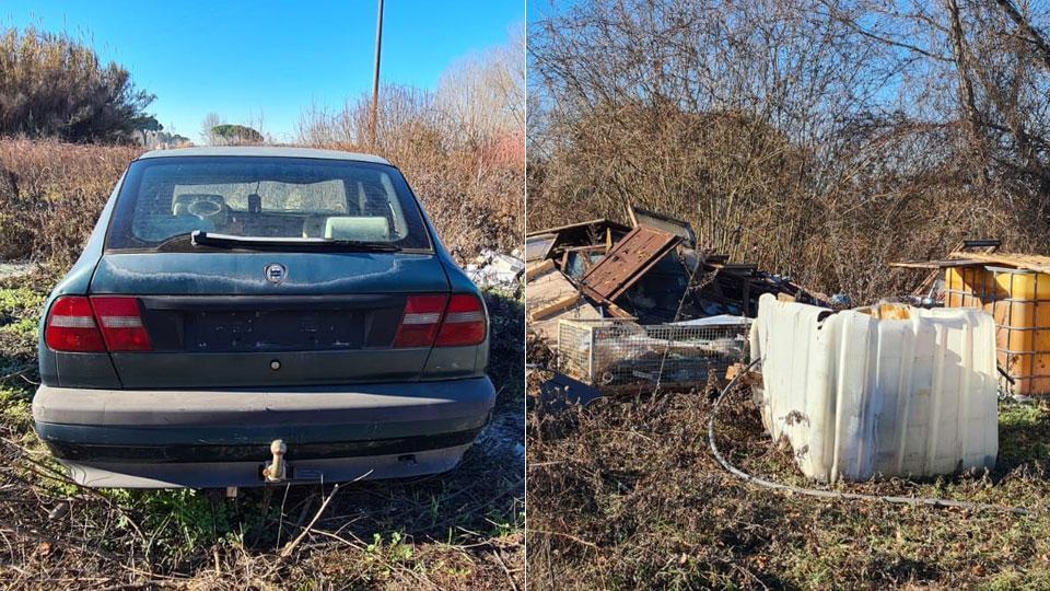Auto abbandonate nel campo e altri rifiuti trovati dagli agenti