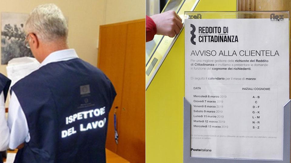 Un militare del nucleo carabinieri dell’ispettorato del lavoro e a fianco l’avviso del reddito di cittadinanza in un ufficio postale (foto archivio)
