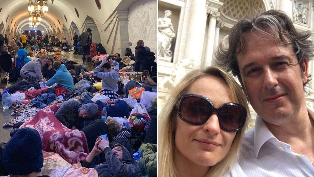 Nella foto a sinistra fornita dall’avvocato Gentili la popolazione al riparo nella metropolitana, a destra Andrea Gentili con la moglie Iulia Taranova