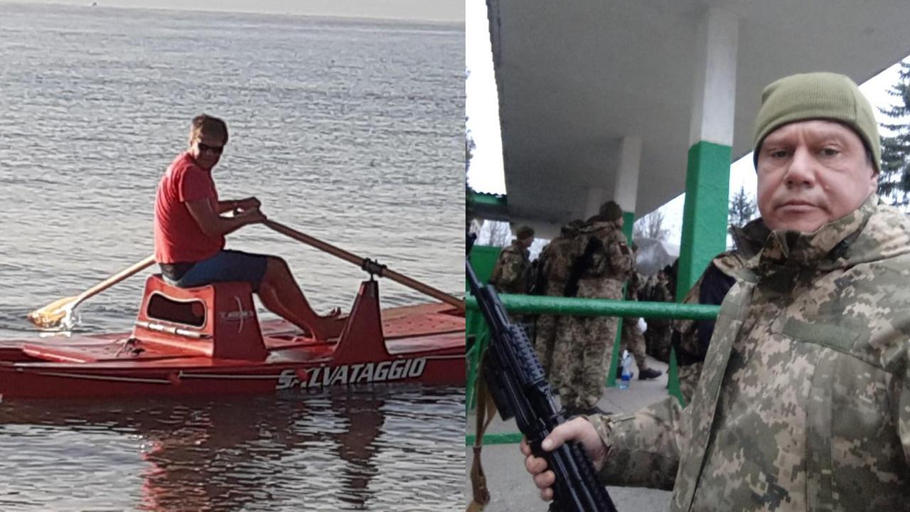 Sergiy su un pattino di salvataggio in Costa Est e a destra in una foto scattata al fronte con in braccio un fucile