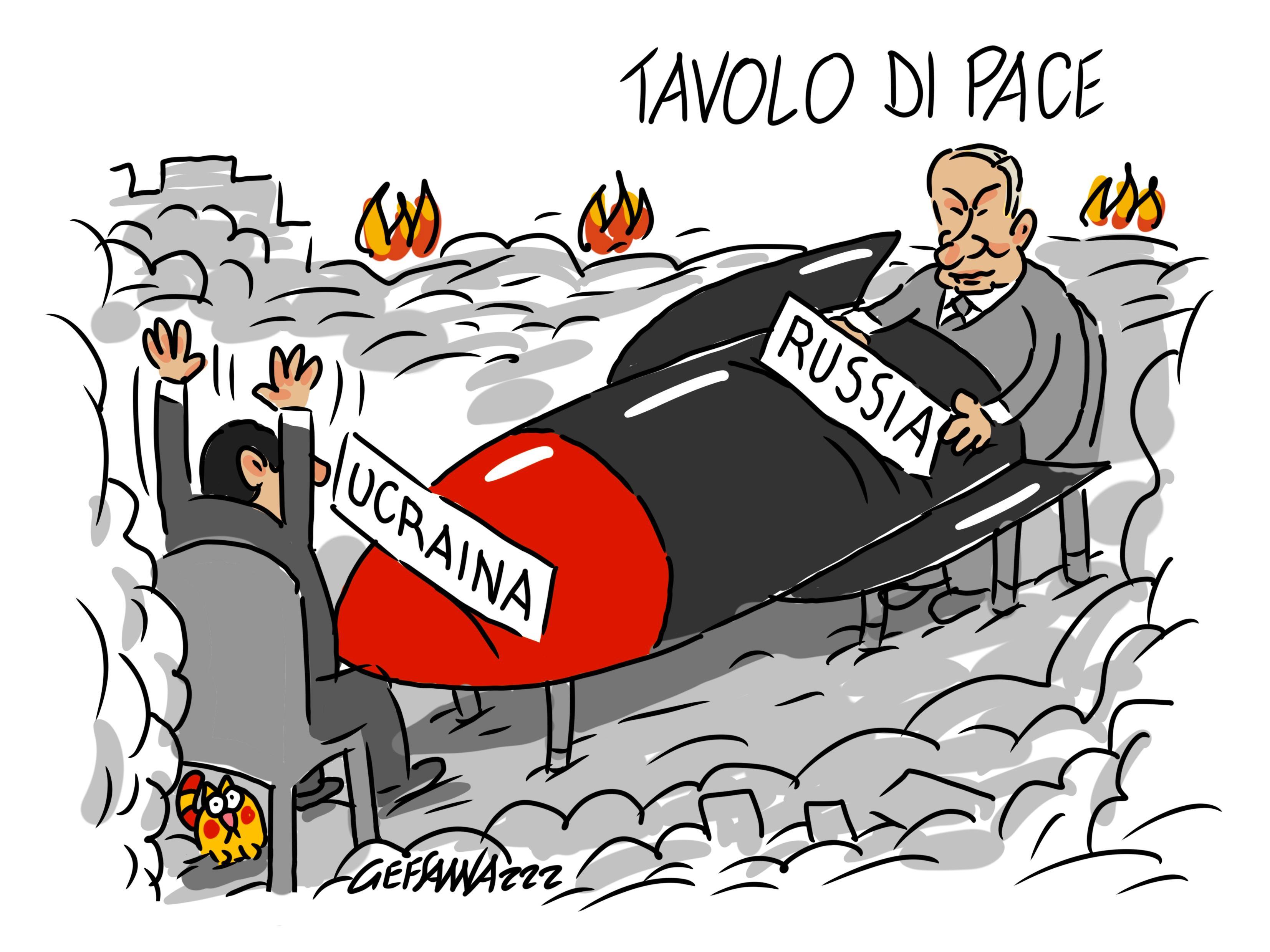 La vignetta di Gef: aperto il tavolo di pace, Kiev è sotto le bombe