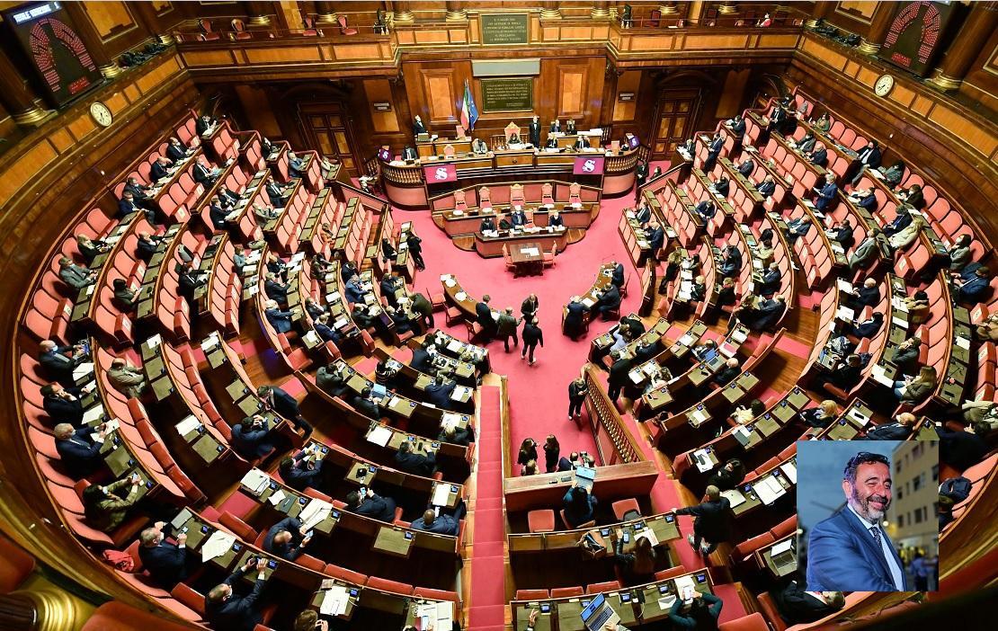 L'aula di Palazzo Madama e, nel riquadro, il senatore Carlo Doria