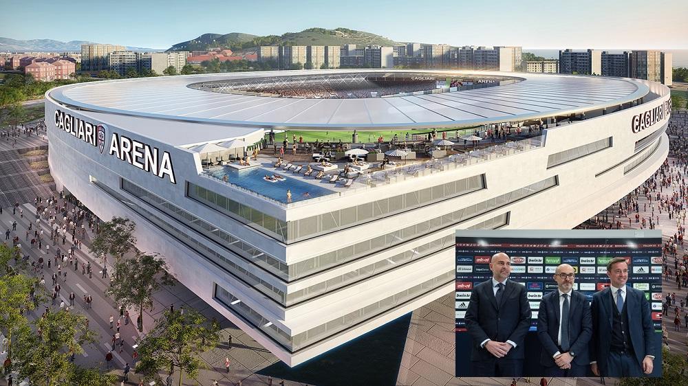 Il progetto Sportium dello  stadio del futuro e, nel riquadro, Giulini, Truzzu e Percassi