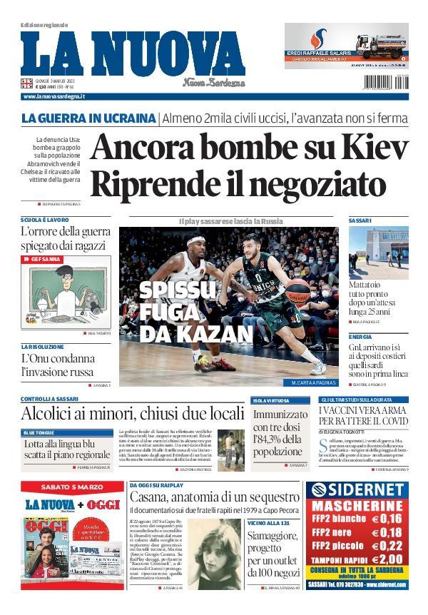 La Nuova Sardegna - Prima Pagina - 3 marzo 2022