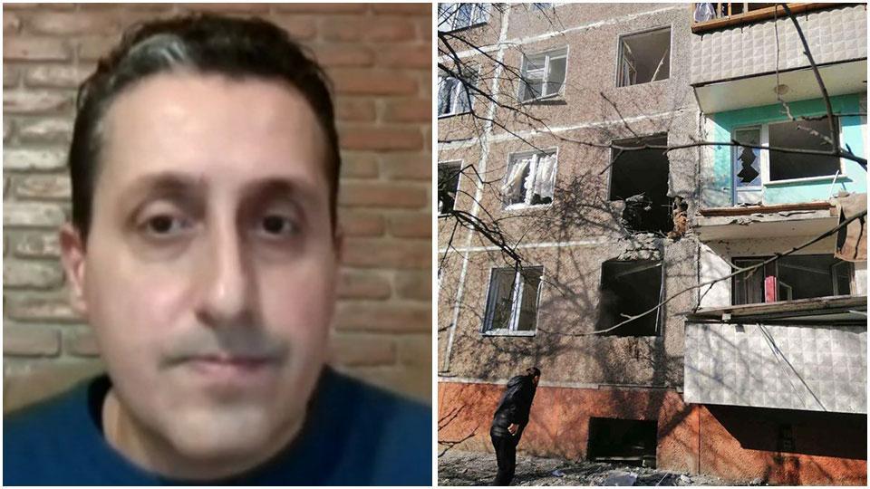 L’imprenditore Mirko Vangi e una delle case di Chernihiv danneggiate dai bombardamenti