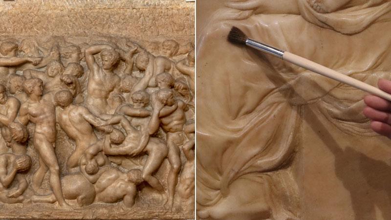 Qui sopra il bassorilievo restaurato della Battaglia dei Centauri, a fianco una fase dei lavori sulla Madonna della scala