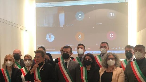 Il gruppo dei sindaci che ieri ha manifestato in Parlamento