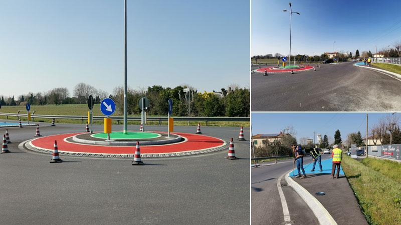 In fase di ultimazione la rotatoria tra via Puccini e via Pontecorvo, tra La Figuretta e La Fontina, che si caratterizza per i colori bianco, rosso e verde e «che sarà dedicata a tutti gli atleti olimpici del nostro Paese», dice il sindaco di San Giuliano, Sergio Di Maio. Uno scorcio del cantiere. Una delle zone laterali della nuova viabilità colorata di azzurro
