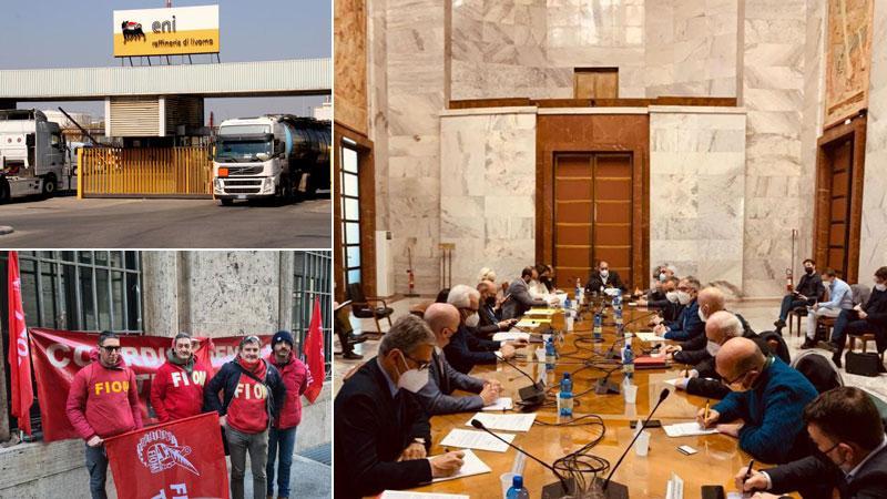 A sinistra: in alto l’ingresso della raffineria (Marzi Pentafoto arch. Il Tirreno), in basso il presidio di lavoratori ieri a Roma. Foto grande: la riunione su Eni al ministero dello sviluppo economico