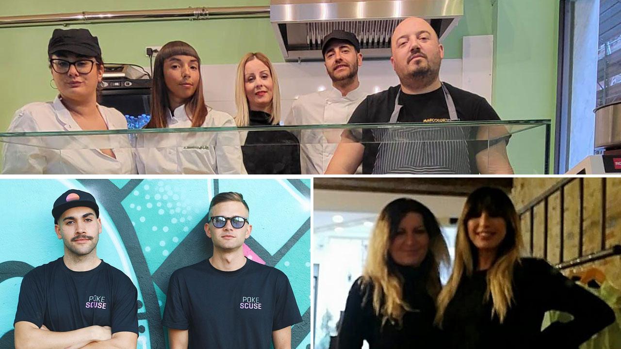 Marco Mariani (a destra) con tutto lo staff di “Zucchero a velo”; Nicoló Zuanon e Cristopher Clementi e Alessandra Alberti e Marzia Bertozzi