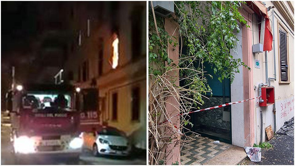 I vigili del fuoco arrivati in viale Carducci per spegnere l’incendio e l’ingresso dell’ex hotel ieri mattina