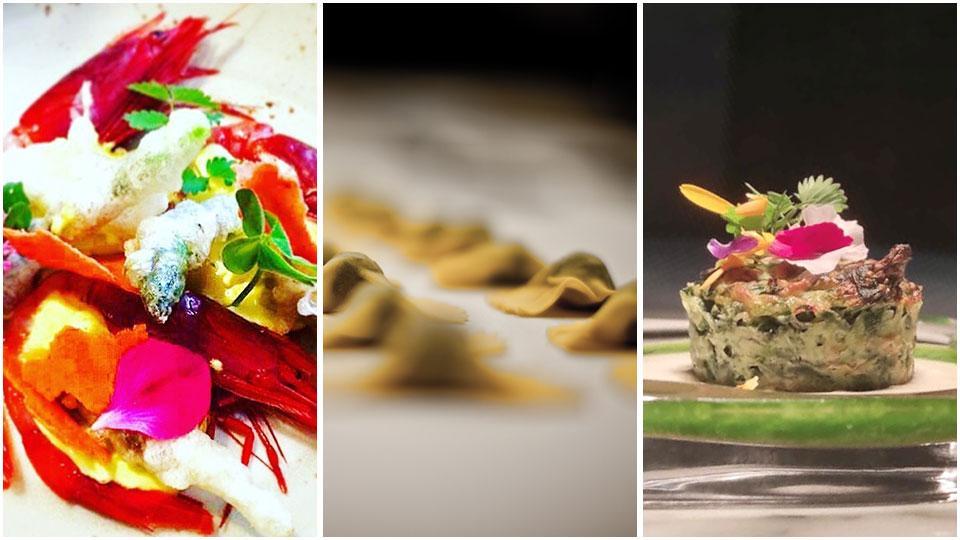 Gamberi con asparagini, ravioli al peso di silene e sformatino con taleggio