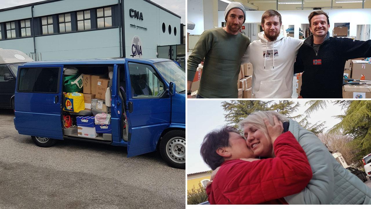 Nella foto grande il furgoncino utilizzato per il viaggio da Livorno a Cracovia. In alto (da sinistra) Antonio Maressa, un ragazzo che li ha accolti a Cracovia e Andrea Beppi. In basso a
destra la signora Elena abbraccia la sua familiare una volta arrivata a Padova