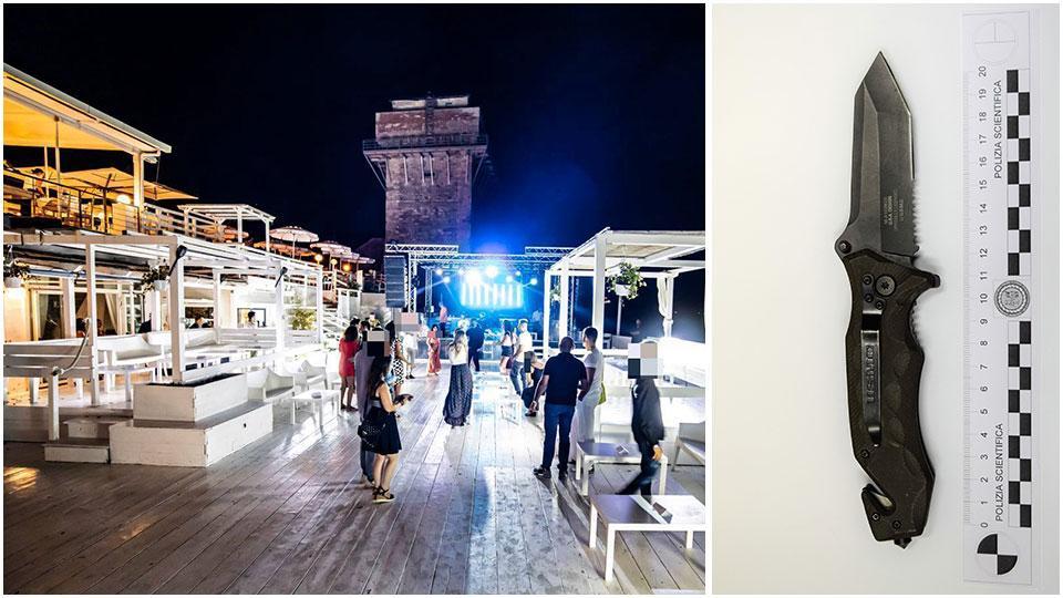 A sinistra un’immagine della terrazza del locale “Precisamente a Calafuria”, all’esterno del quale si sono verificati i disordini. A destra il coltello sequestrato dalle volanti della polizia
