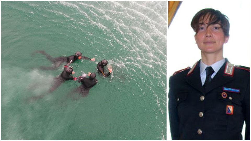 Una immersione al largo prevista nella prima fase del corso e la marescialla Irene Luisi con la divisa dei carabinieri
