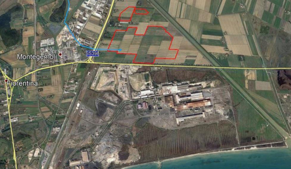 In rosso i terreni interessati dal progetto di installazione dell’impianto fotovoltaico in zona Bocca di Cornia
