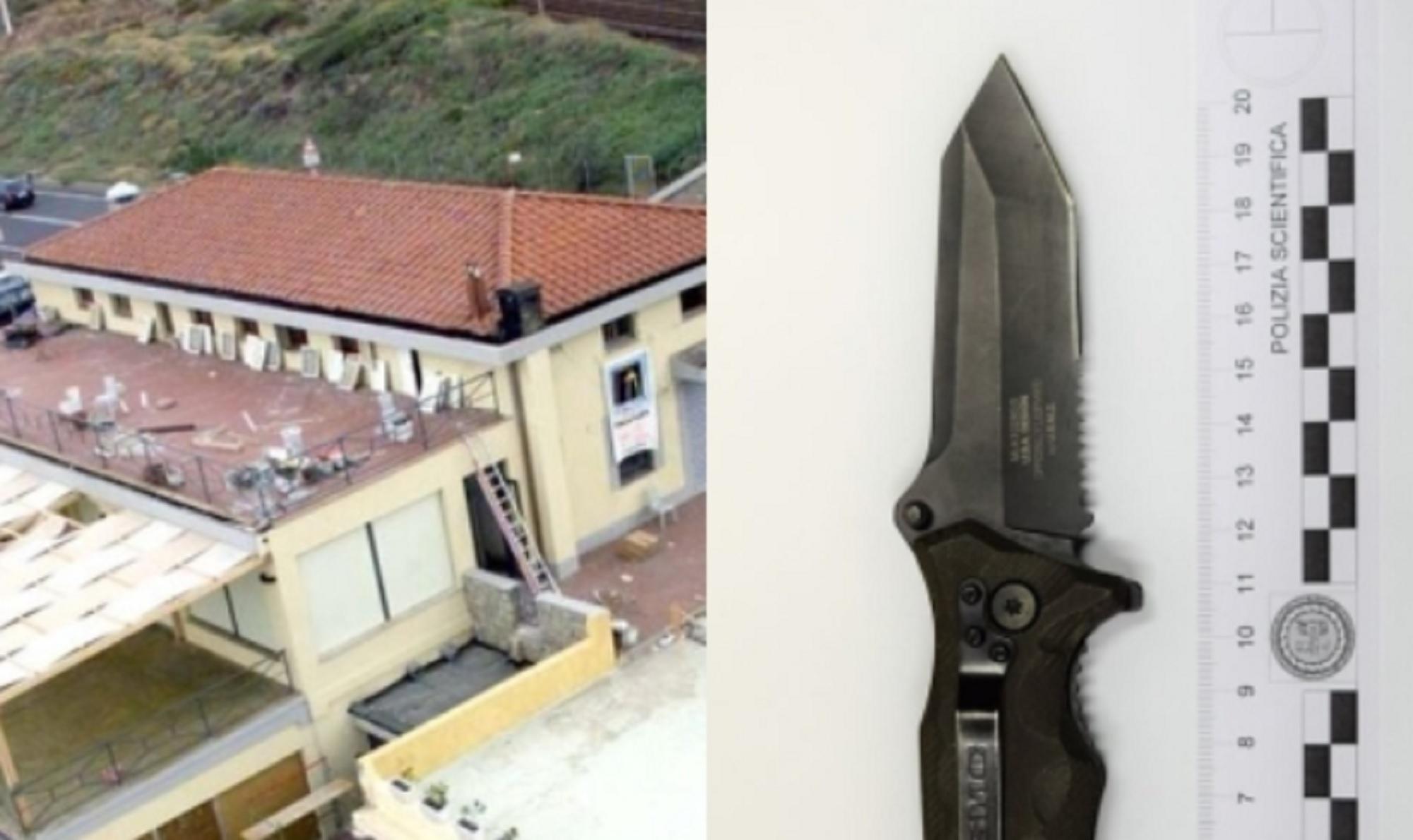 A sinistra una veduta della discoteca "Precisamente a Calafuria". A destra il coltello da marines sequestrato