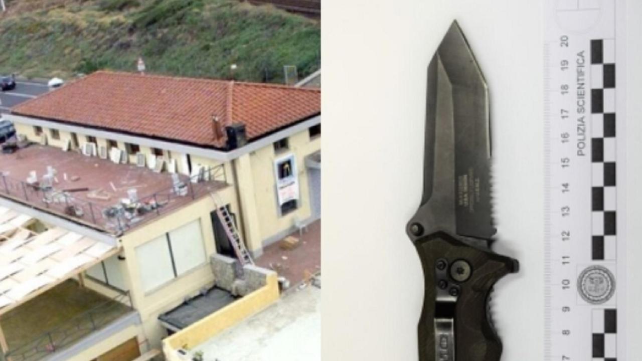 A sinistra una veduta della discoteca "Precisamente a Calafuria". A destra il coltello da marines sequestrato