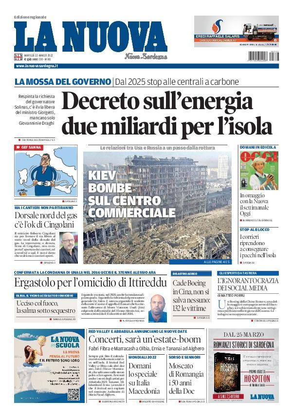 La Nuova Sardegna - Prima Pagina - 22 marzo 2022