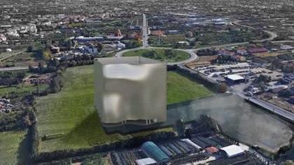 il grande cubo di 48 metri di lato progettato dall’architetto Maurice Nio per ospitare il Data center proposto da Cna, Distretto vivaistico e Ordine degli architet