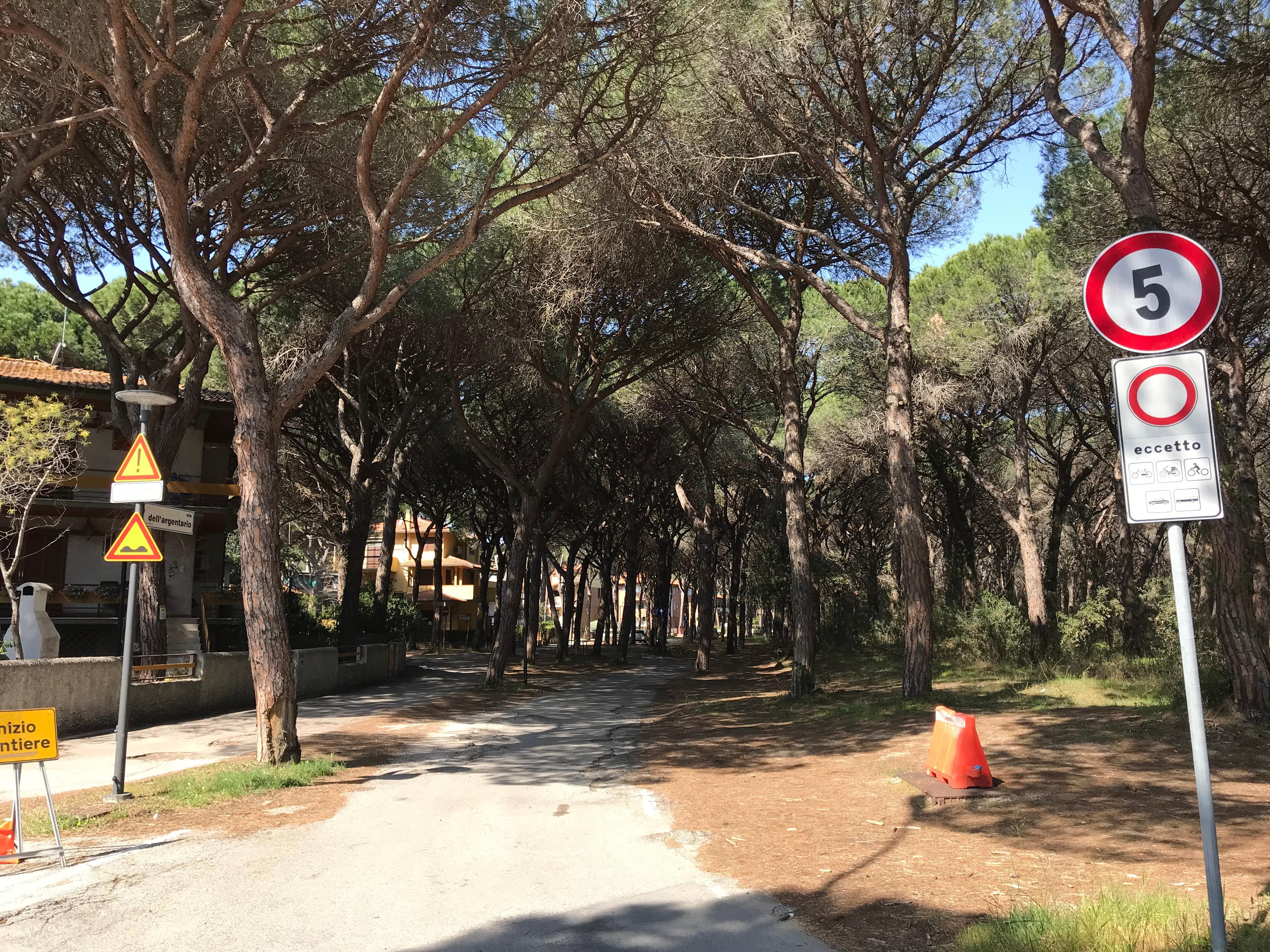 Il cartello con il limite di velocità a 5 km orari installato in via dell'Argentario