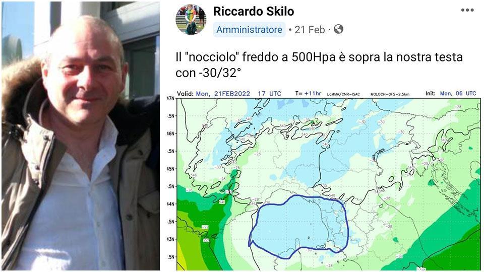 Lo screenshot di un post pubblicato da Schilirò sul “Meteo Gruppo Rosignano” su Facebook