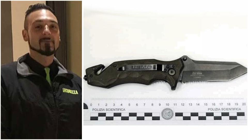 A destra il coltello da marines sequestrato dalla polizia dopo l’arresto di Pierfilippo Palumbo, a sinistra una foto di Federico Lucido durante un turno di lavoro