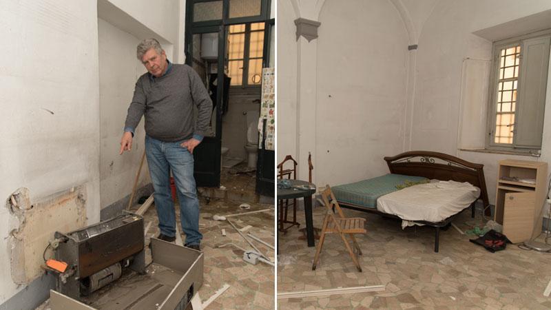 Santi Guerrieri mostra i danni nell’immobile. Un’altra immagine dell’immobile (Foto Genovesi)
