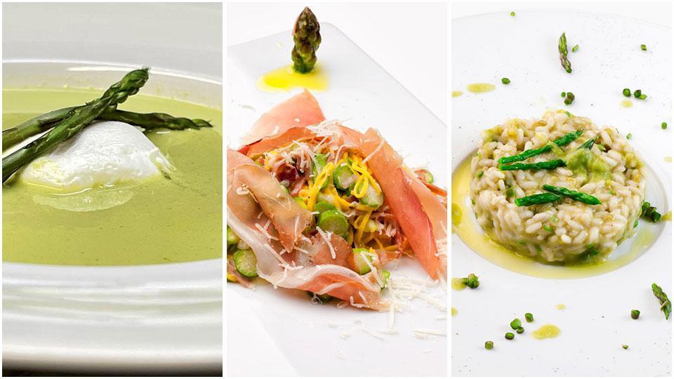 Vellutata di asparagina, tagliolini all'uovo avvolti e risotto di macchia
