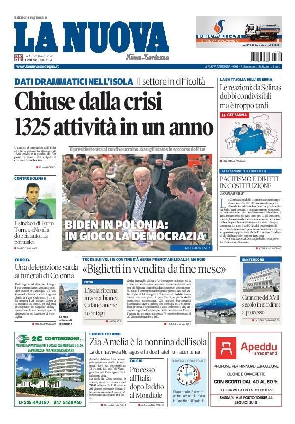 La Nuova Sardegna - Prima Pagina - 26 marzo 2022