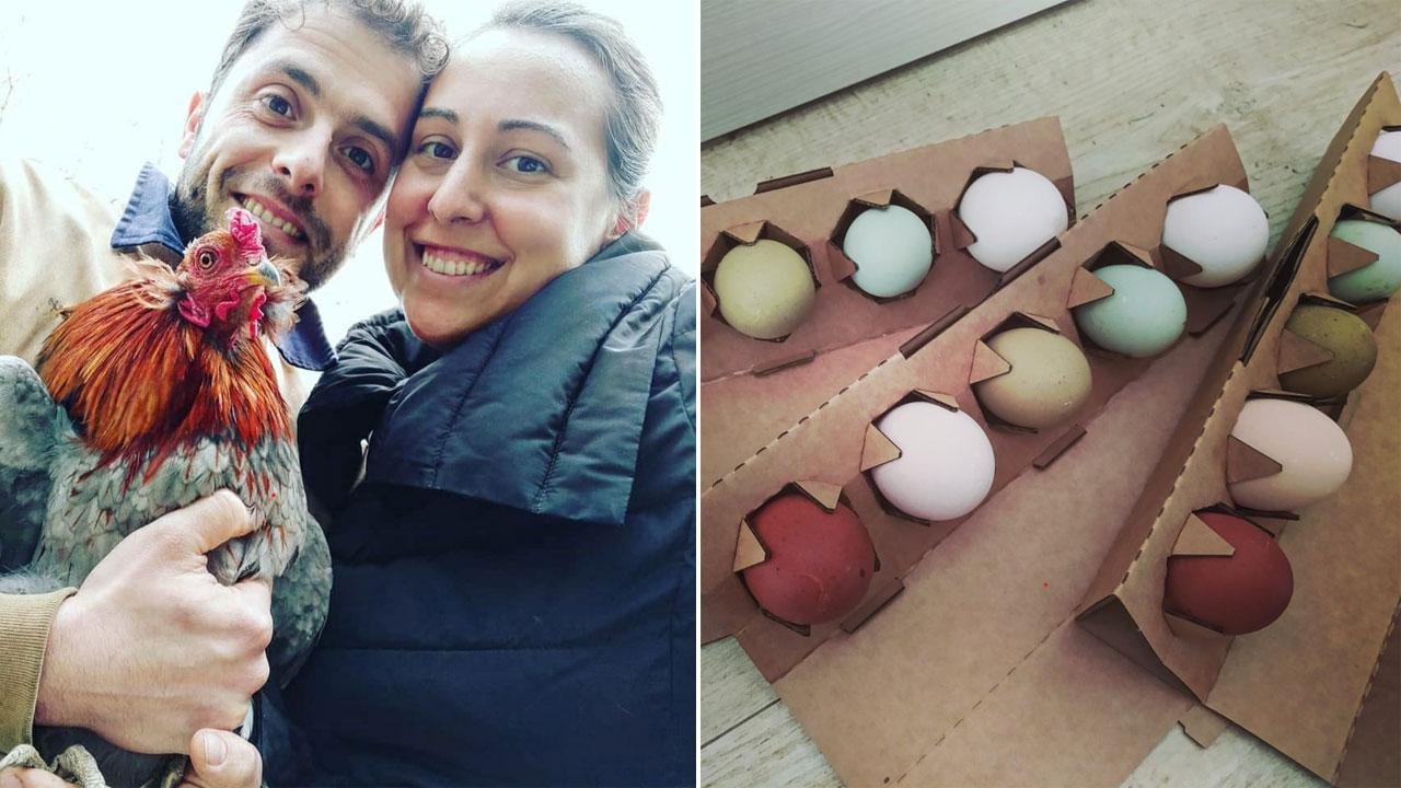 Filippo Giuliana e Diana Bettinelli con un esemplare di una razza particolare e le uova prodotte