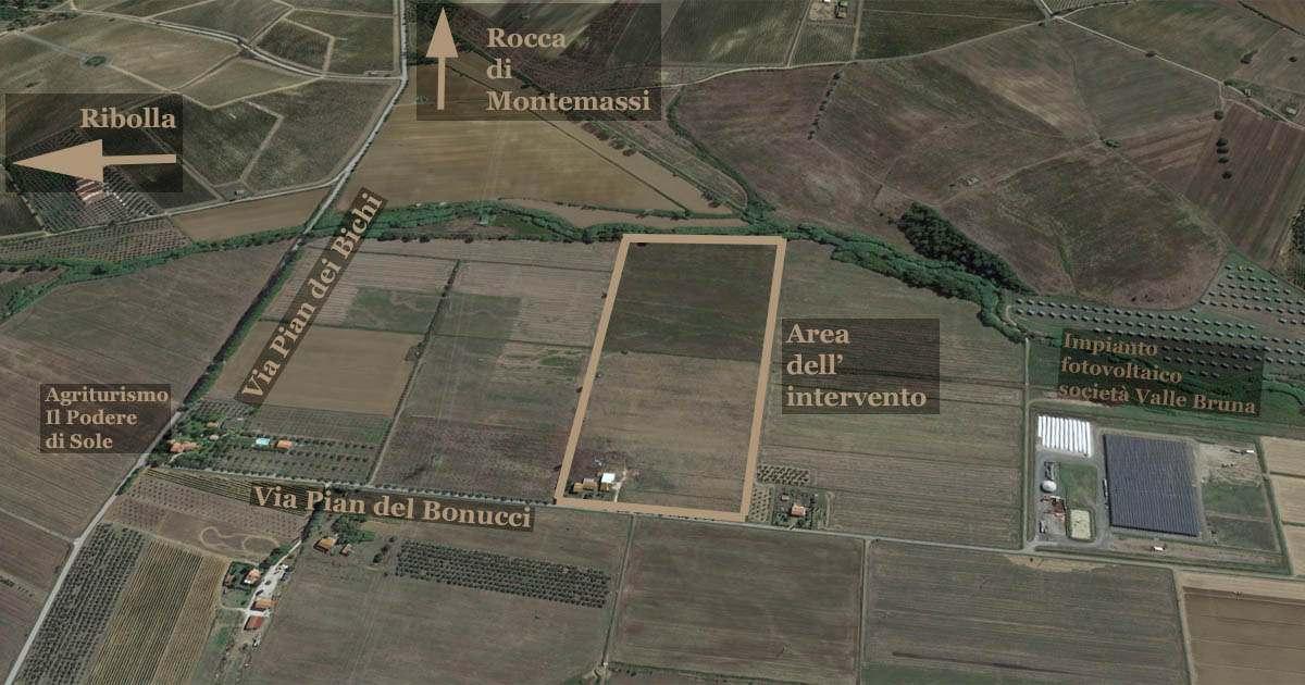 La mappa della zona di Pian del Bonucci dove la Mpn1 Green energy vorrebbe costruire l'impianto