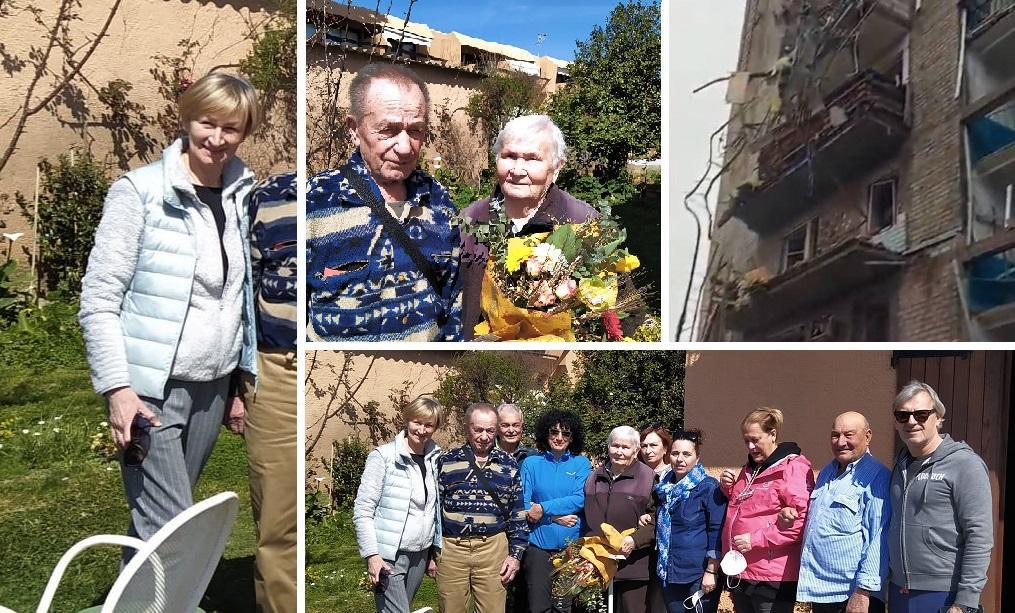 Da sinistra Elena Pikhtina e i genitori Ivan e Larisa. Sotto, il "comitato di accoglienza" a Castiglione della Pescaia. Adestra il palazzo dove abitavano i signori Pikhtin a Mariupol, distrutto dai bombardamenti