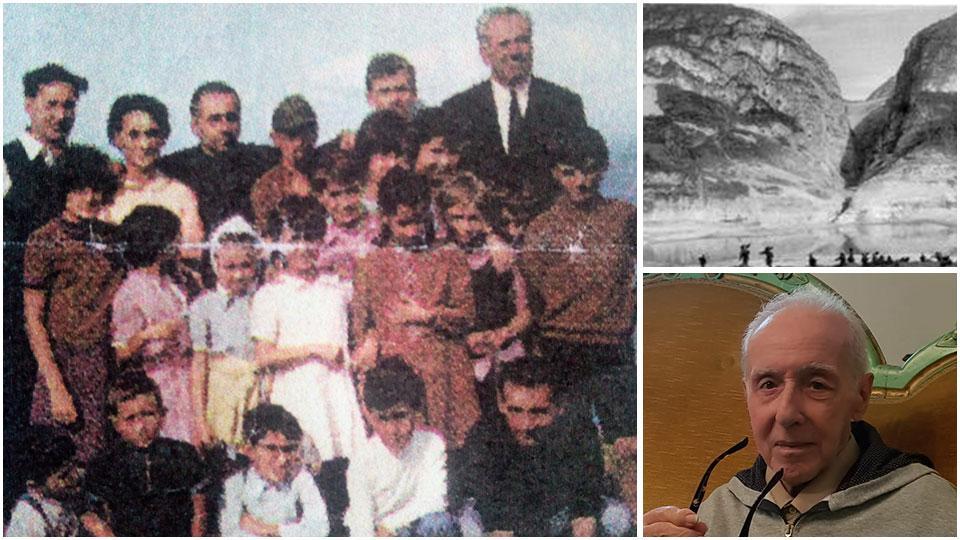 Una vecchia foto con alcuni dei bambini ospitati nel 1968 (Mario Lena è il terzo da sinistra nella fila in alto), la diga del Vajont e Mario Lena oggi